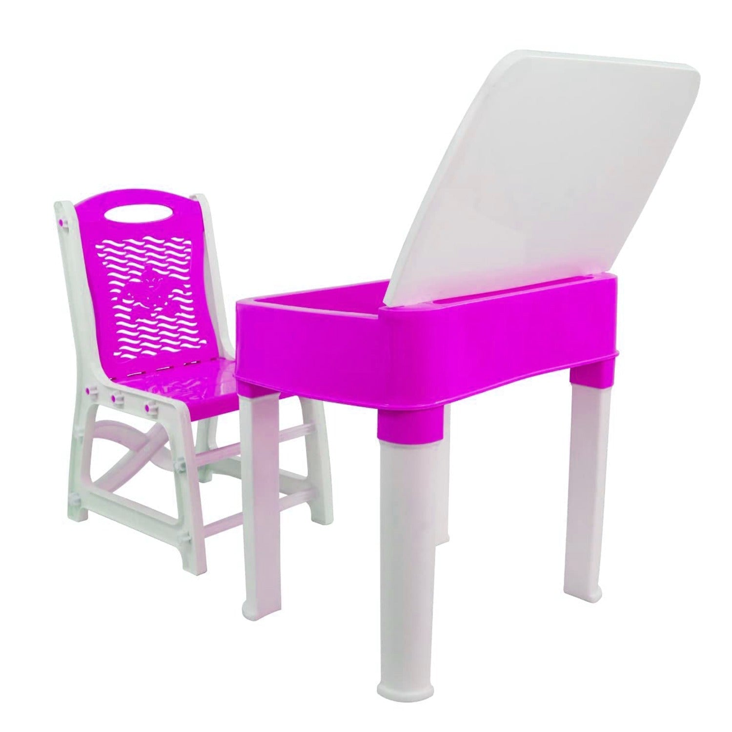 Pink plastic study table and chair set for kids, with integrated pencil storage box. Pink plastic study table and chair set for kids, with integrated pencil storage box.